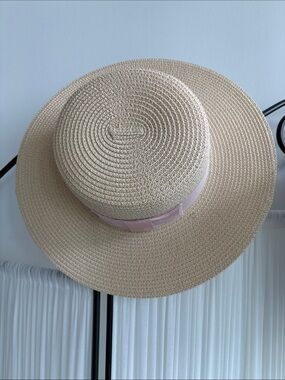 Aldo Beige Straw Sun Hat with Pink Ribbon